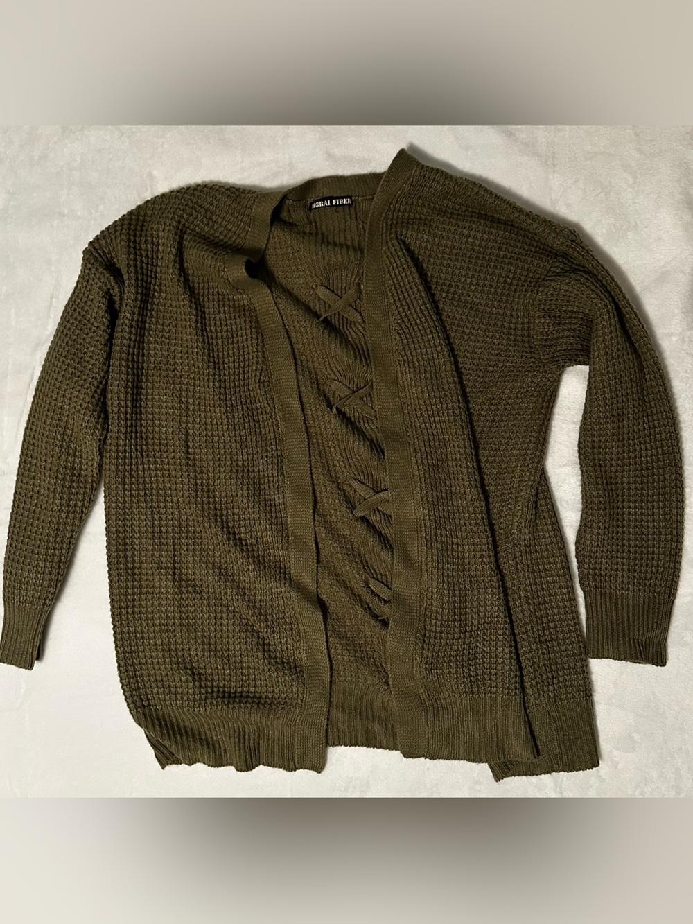 Large Olive Knit Open-Front Sweater Cardigan with Lace-Up Detail -